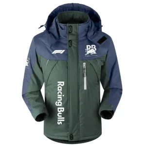 Racing Bulls F1 Team Exclusive Logo Outdoor Plush Charging Suit Waterproof Windproof Jacket Detachable Hood BLF130525A1RAC - Dark Green
