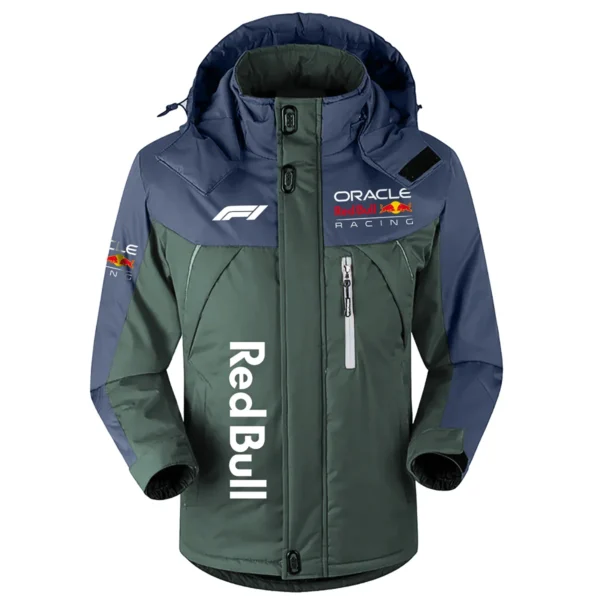 Red Bull Racing F1 Team Exclusive Logo Outdoor Plush Charging Suit Waterproof Windproof Jacket Detachable Hood BLF130525A1RBR - Dark Green